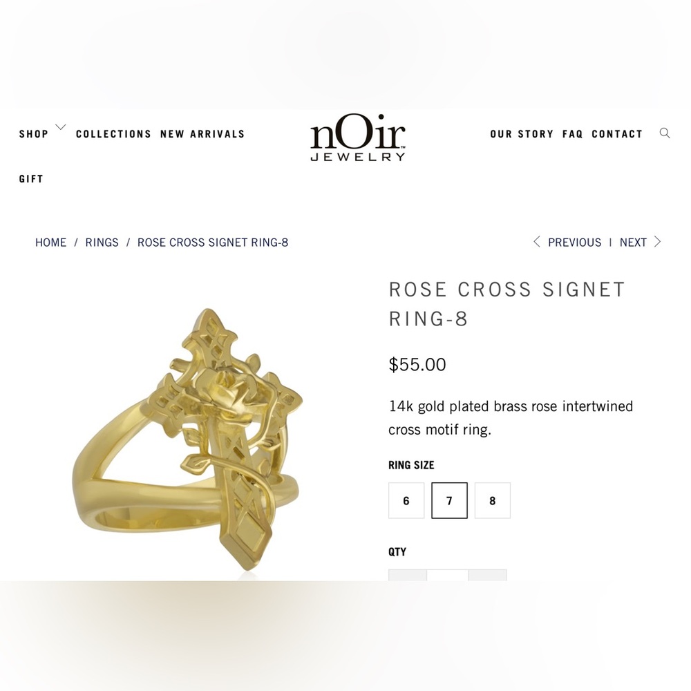 NWT NOIR ROSE CROSS SIGNET RING-7 - Picture 2 of 2